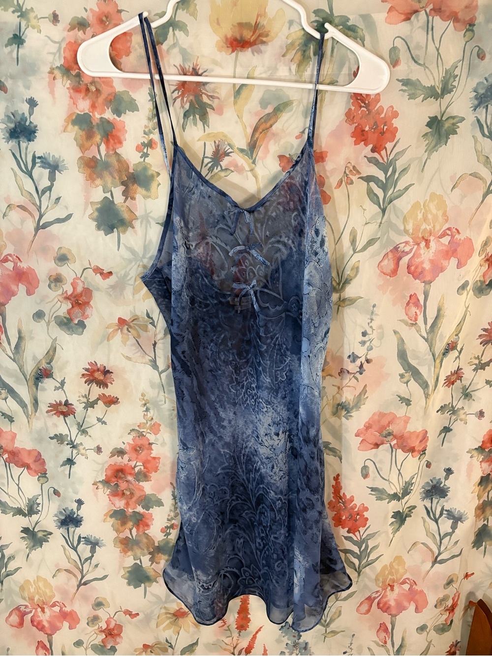 Vintage Blue Sheer Slip Dress with Delicate Pattern